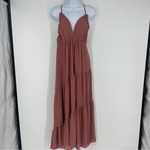 Tiered asymmetric spaghetti strap maxi dress Rust brown Large